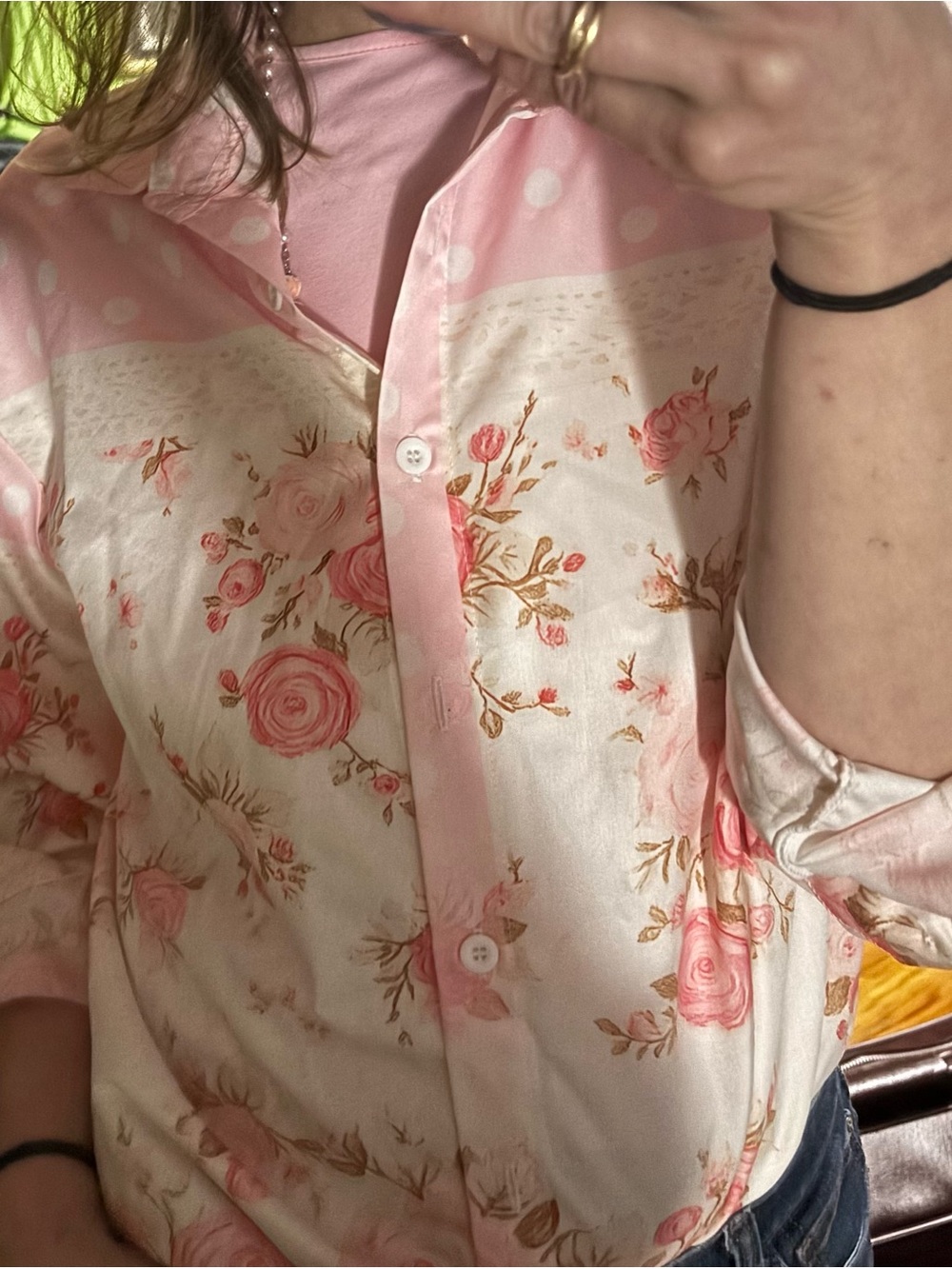 Floral Button Down Blouse in Pink & White Size Medium